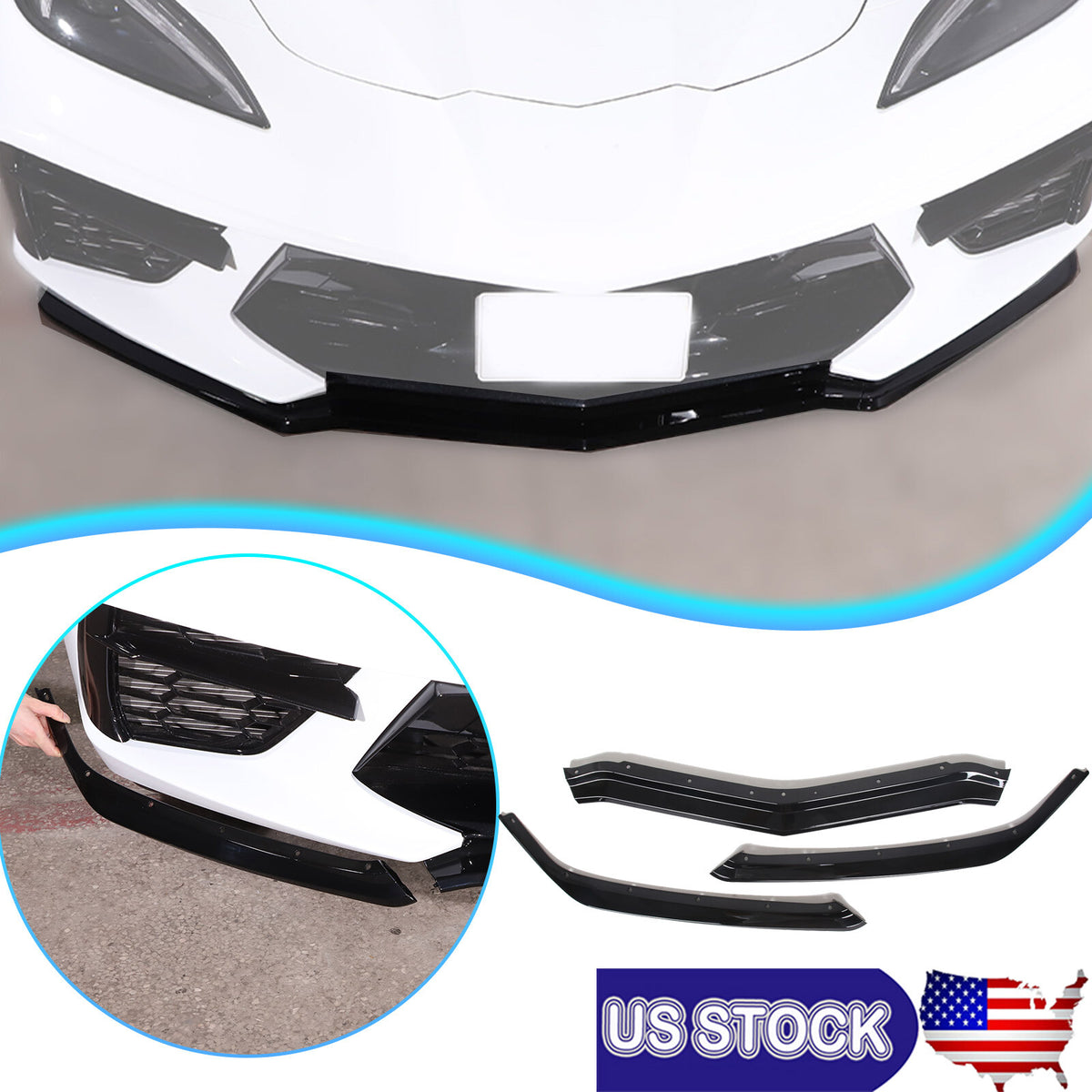 Replacement Glossy Black Front Bumper Lip Spoiler For Corvette C8 2020-2025 US 1