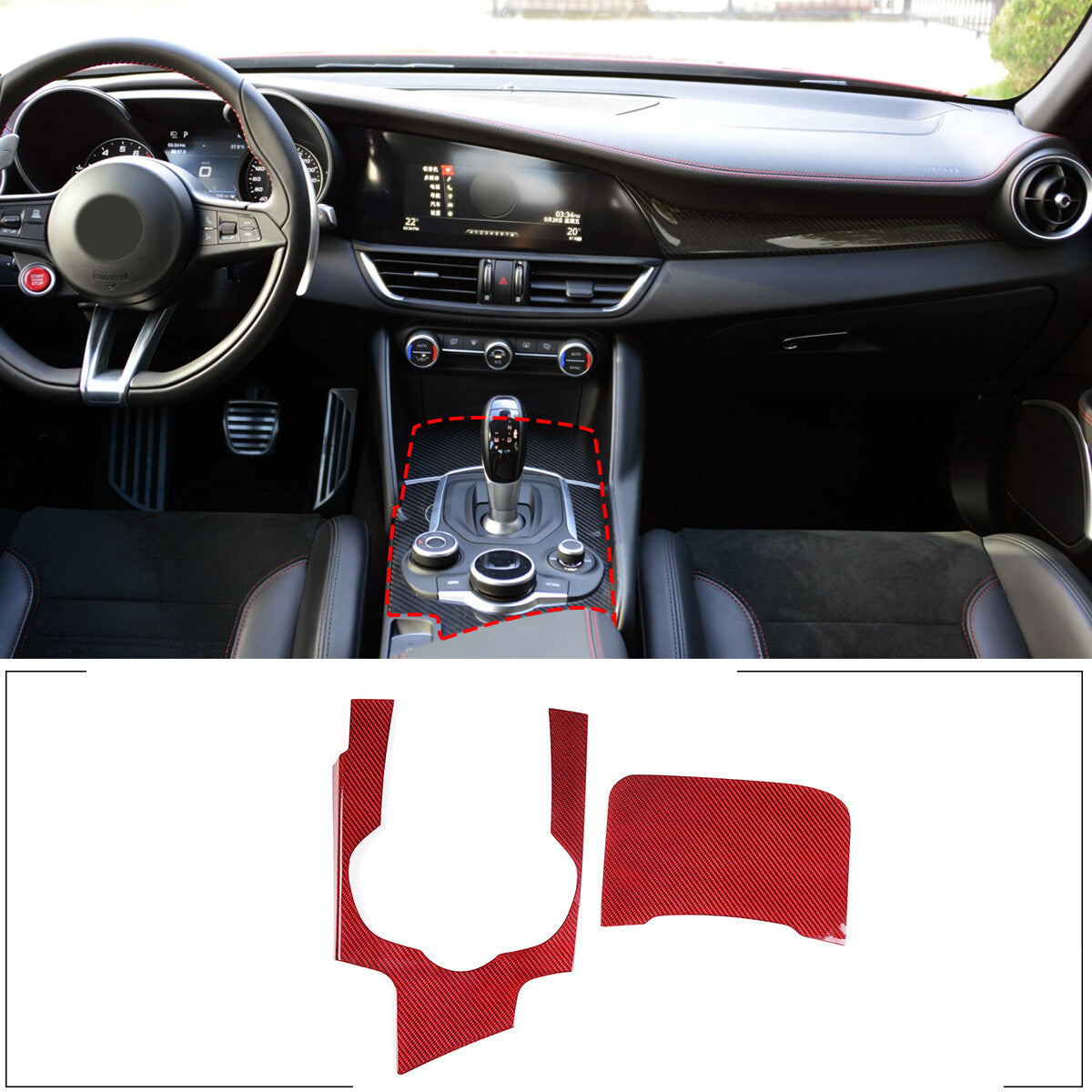 Red Carbon Fiber Car Gear Shift Panel Cover Trim For Alfa Romeo Giulia 2017-19 1