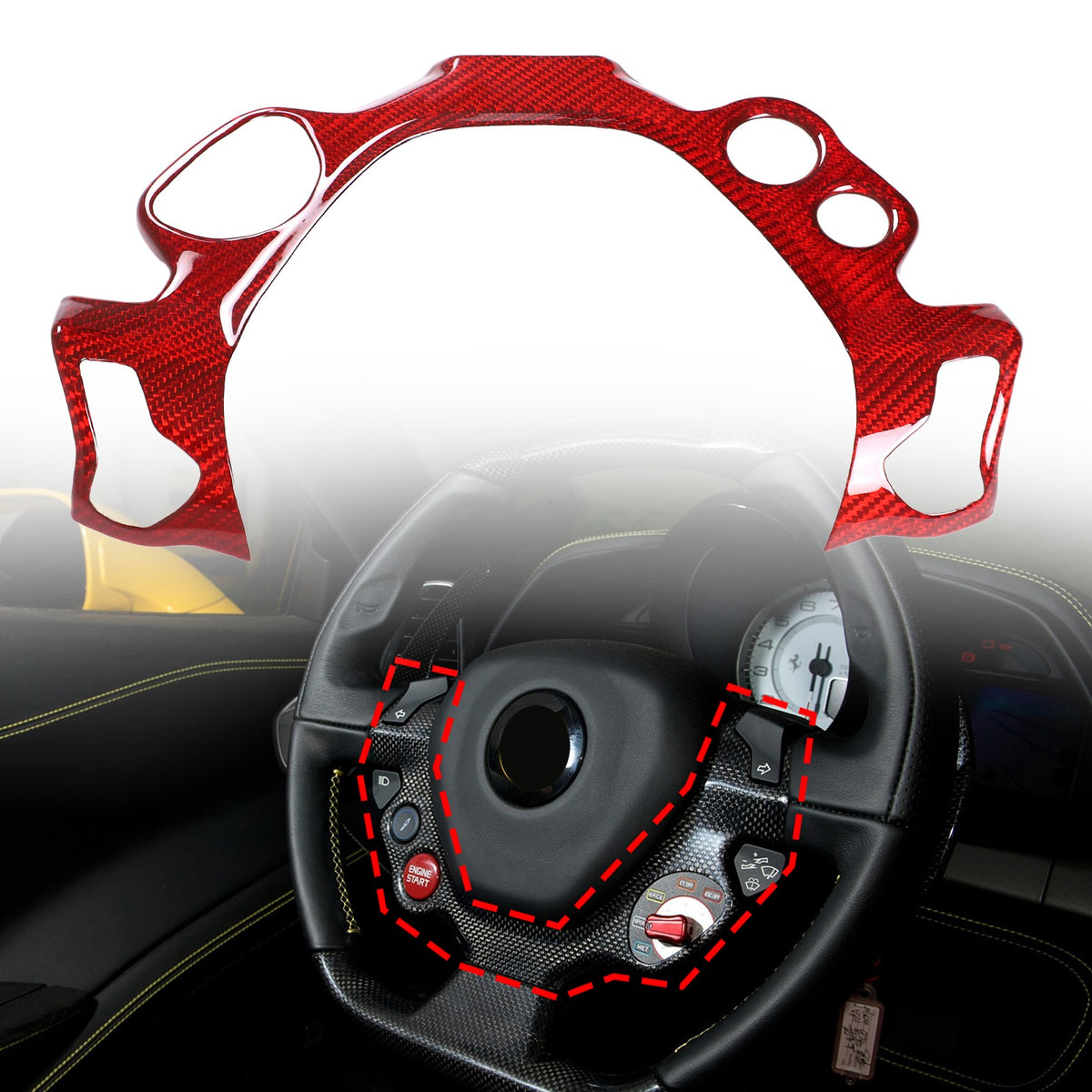 Red Real Dry Carbon Fiber Steering Wheel Button Trim For Ferrari 458 2011-2016 14