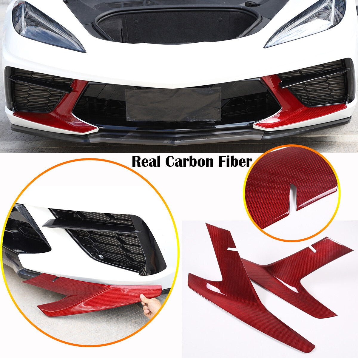 Red Real Carbon fiber Car Front Bumper Side Grille Cover Set For Corvette C8 20+ 2