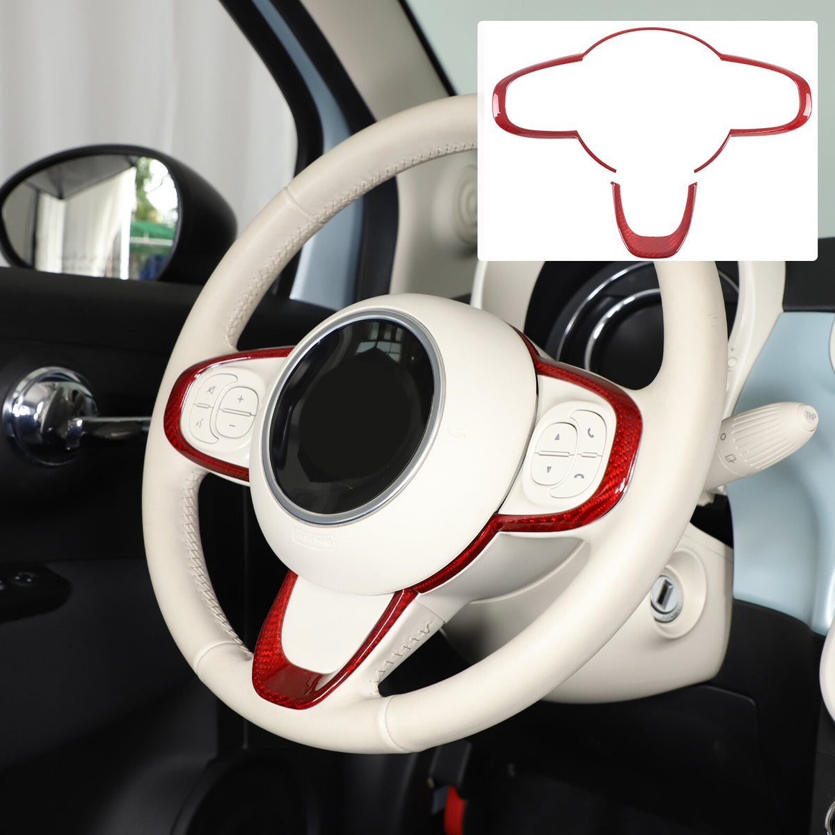 Red Real Carbon Fiber Steering Wheel Button Trim For Fiat 500 Abarth 595 695 16+ 18