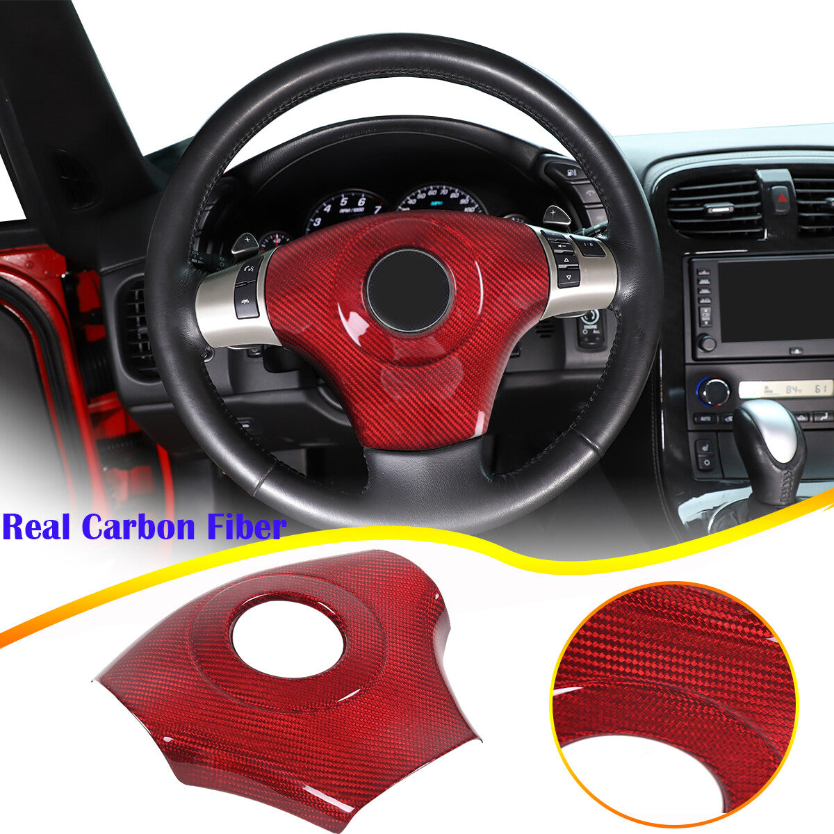 Red Real Carbon Fiber Steering Wheel Center Trim Sticker For Corvette C6 2005-13 1