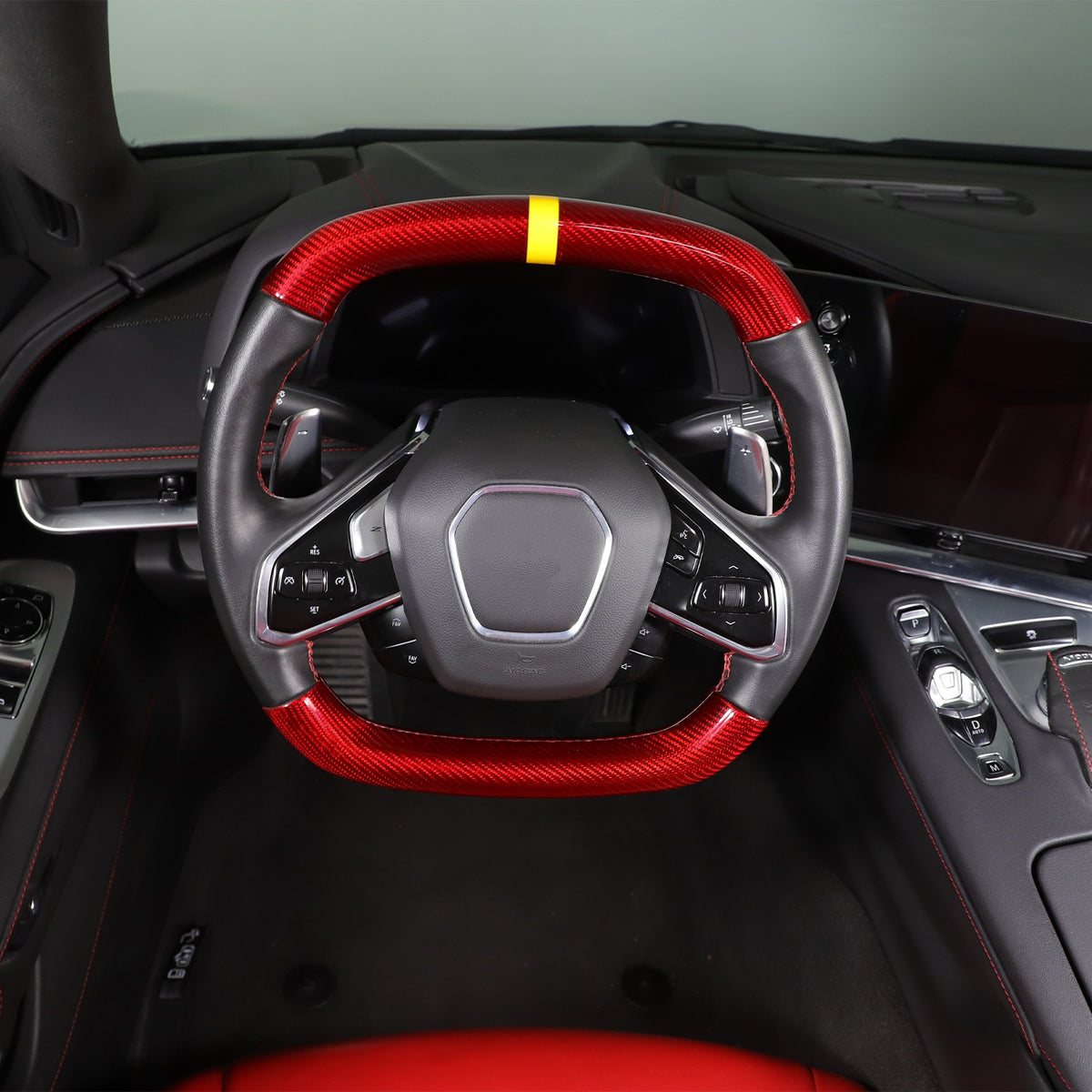 Red Real Carbon Fiber Yellow Top Steering Wheel Cover Trim For Corvette C8 2020+ 14