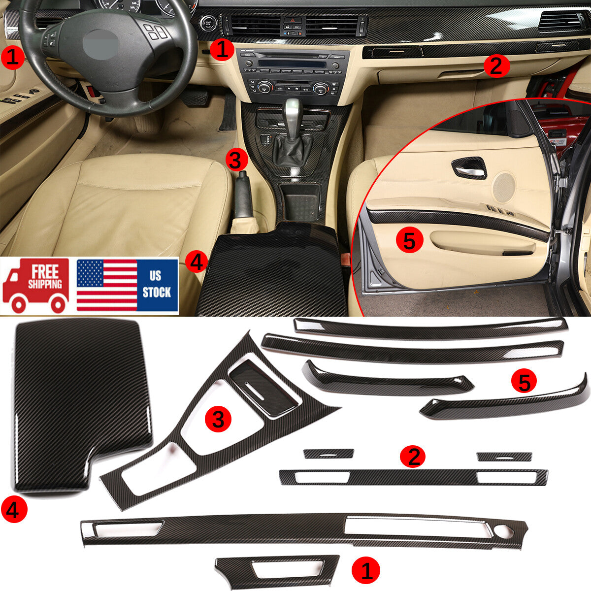 ABS Carbon Fiber Center Console Armrest Panel Trim Set For BMW 3 E90 2005-12 1