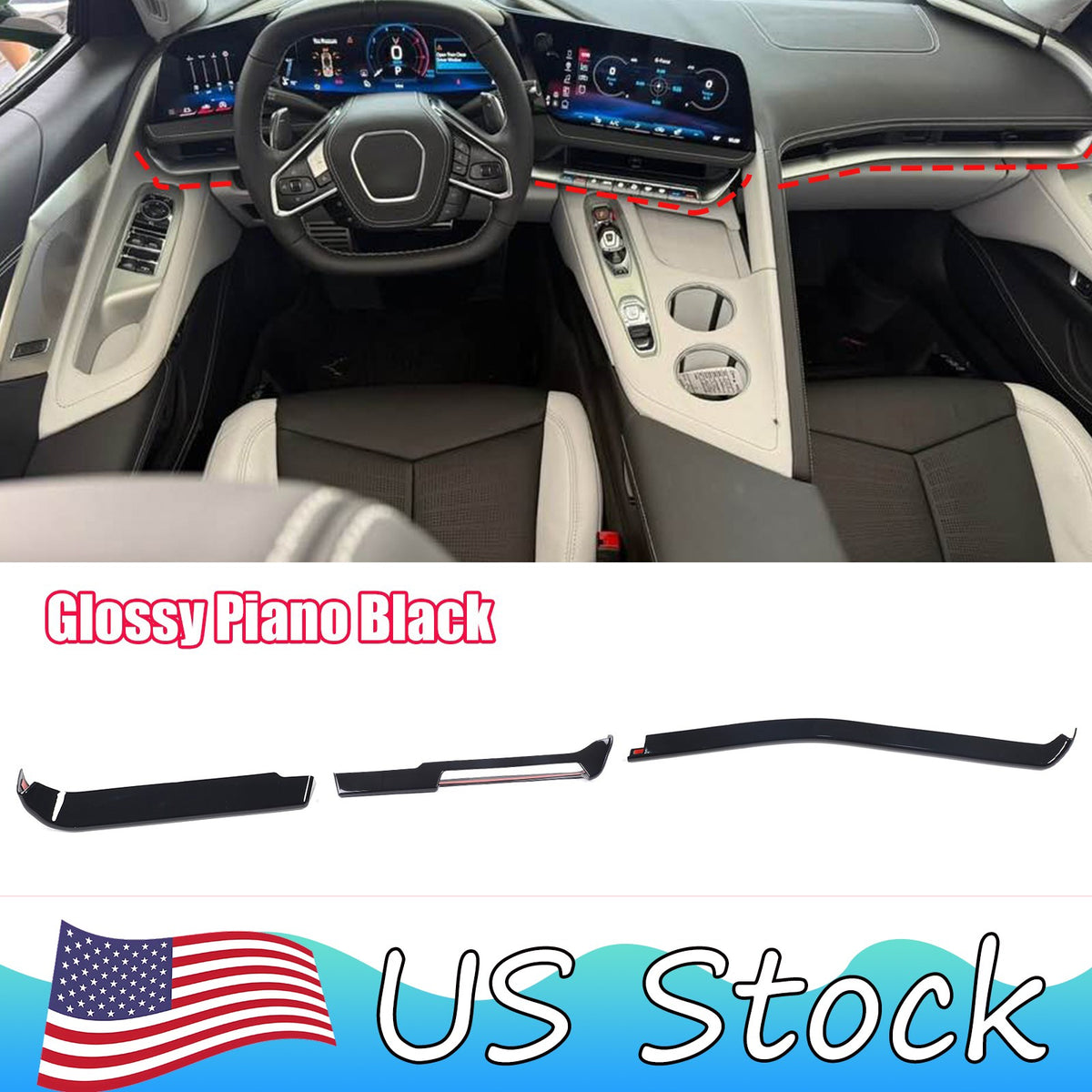 Glossy Piano Black Dashboard Side Air Outlet Trim Set For Corvette C8 26+ US 1