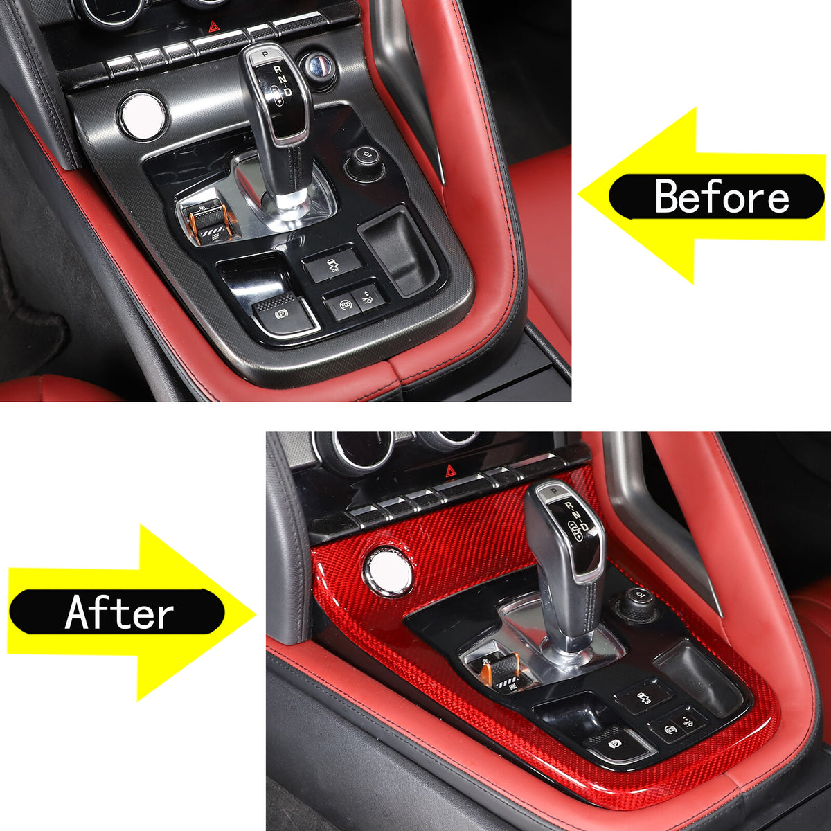 Red Real Carbon Fiber Center Console Gear Cover Set For 2013-22 Jaguar F-TYPE 10