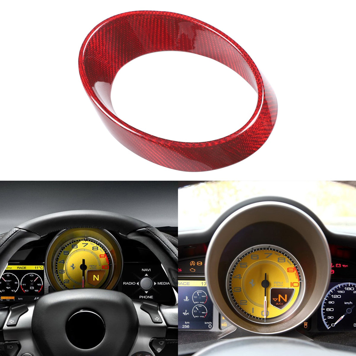 Red Real Carbon Fiber Instrument Tachometer Cover For Ferrari 458/488 2011-2016 1
