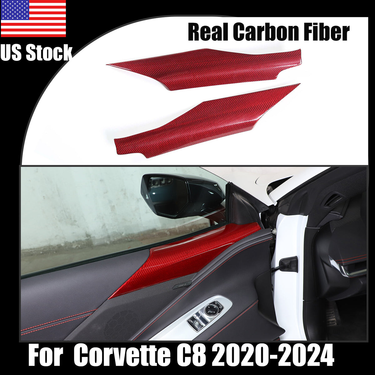 Red Real Carbon Fiber Interior Door Window Upper Trim Cover For Corvette C8 20+ 1