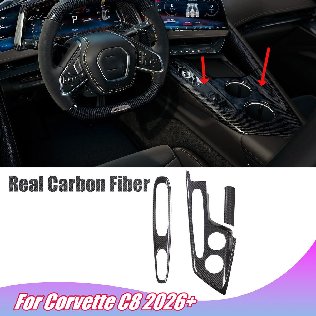 Real Carbon Fiber Center Console Gear Trim Cover Set For Corvette C8 2026+ 1