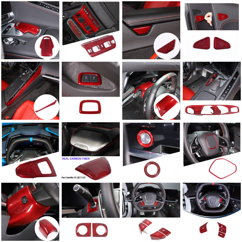 Red Real Carbon Fiber Full Interior Set Decor Trim Kit for Corvette C8 20-25 62