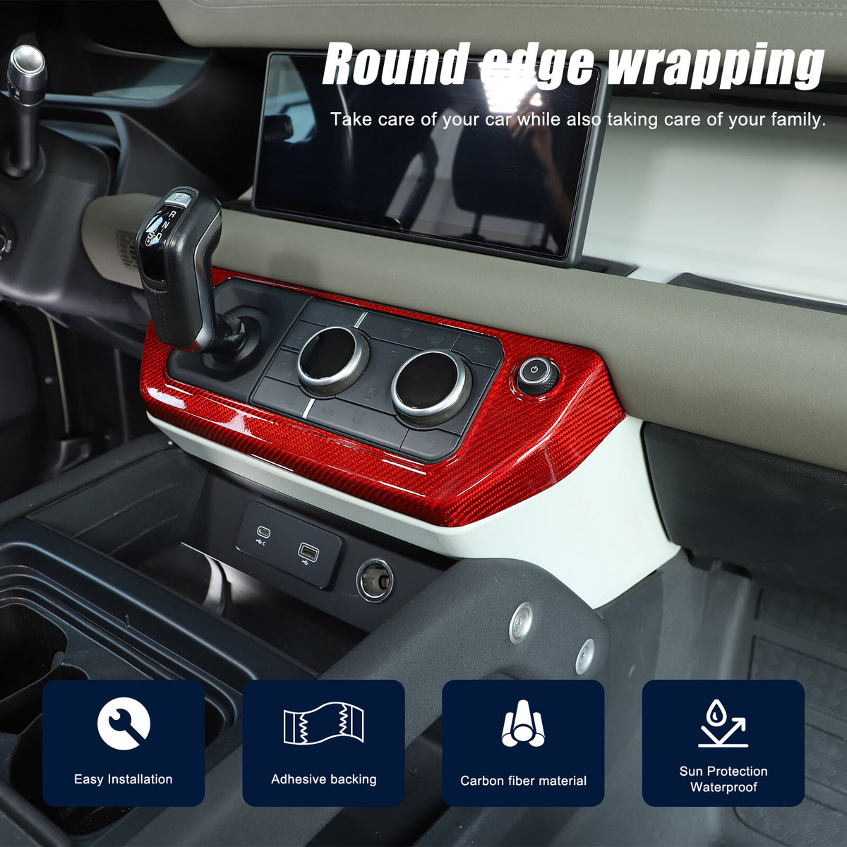 Red Real Carbon Fiber Air Conditioning Switch Panel Trim for LR Defender 2020-24 3