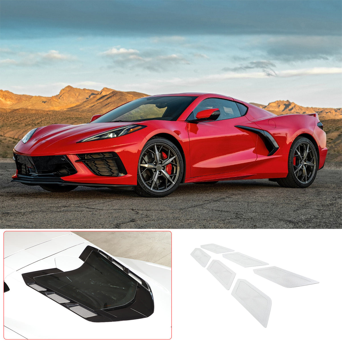 Perforated Rear Hood Vent Inserts for 2020-2026 C8 Corvette Brushed Stainless 14