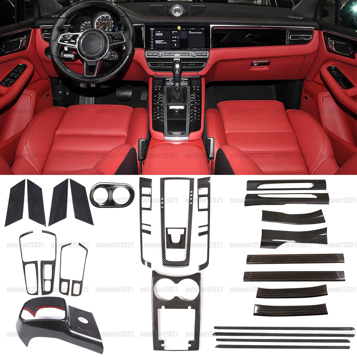 Real Carbon Fiber Interior Center Full Trim Cover Set For Porsche Macan 2014-20 1