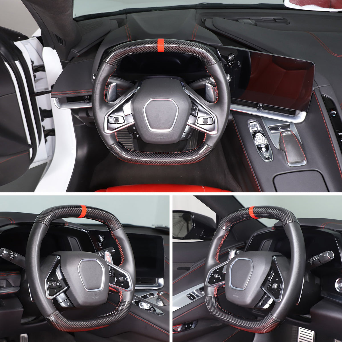 Red Top Real Carbon Fiber Steering Wheel Trim Cover For Corvette C8 2020+ 7