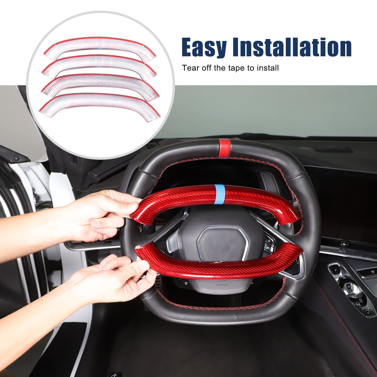 Red Real Carbon Fiber Blue Top Steering Wheel Cover Trim For Corvette C8 2020+ 7