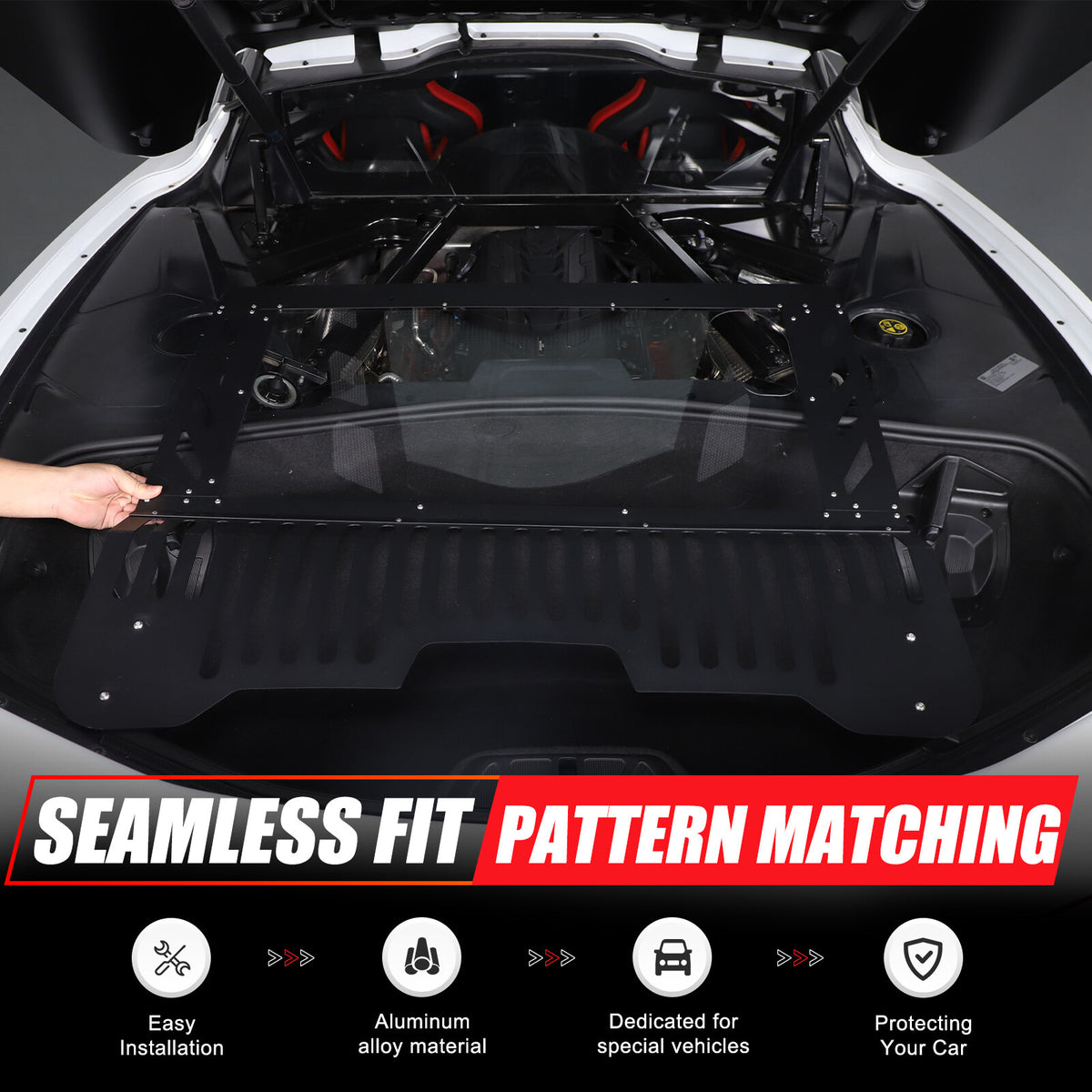 Black Aluminum Engine Hood Transparent Panel Cover Trim For Corvette C8 20+ 12