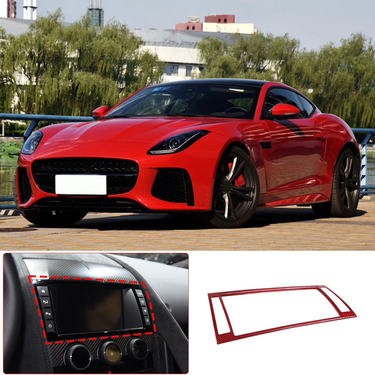 Red Carbon Fiber Dashboard Navigation Cover Trim for For Jaguar F-TYPE 13-18 14
