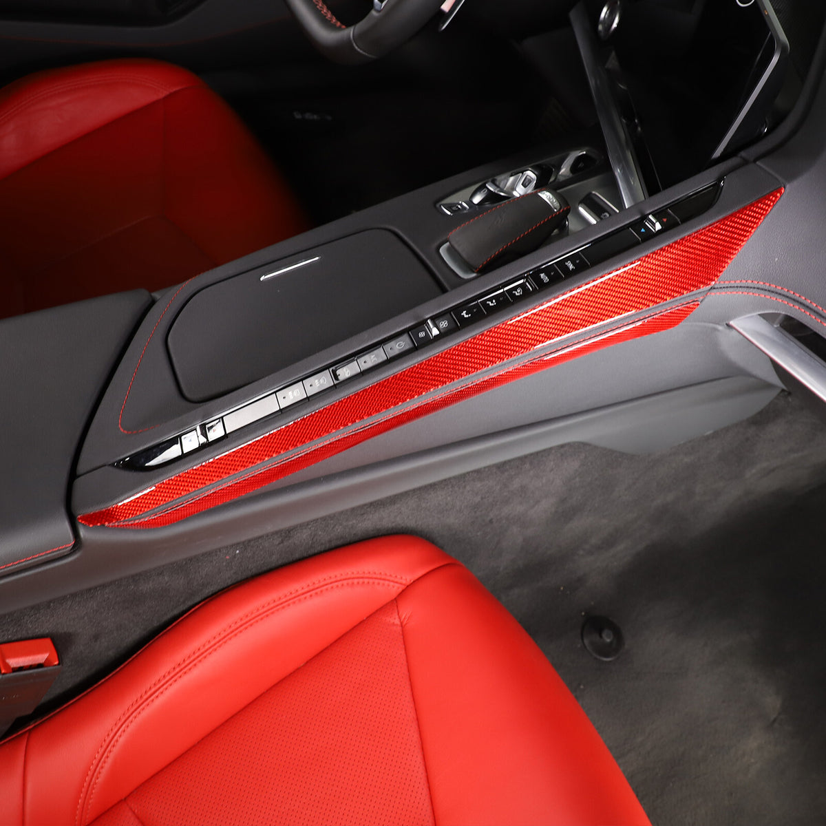 Red Soft Carbon Fiber Interior Decor Trim Kit Cover Set For Corvette C8 20-25 127