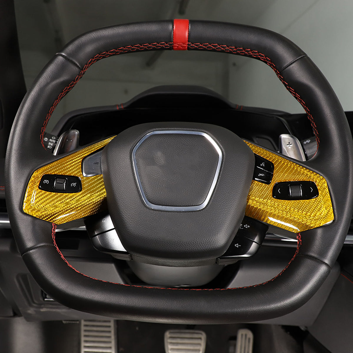 Yellow Carbon Fiber Steering Wheel Button Cover Trim For Corvette C8 20-26 8
