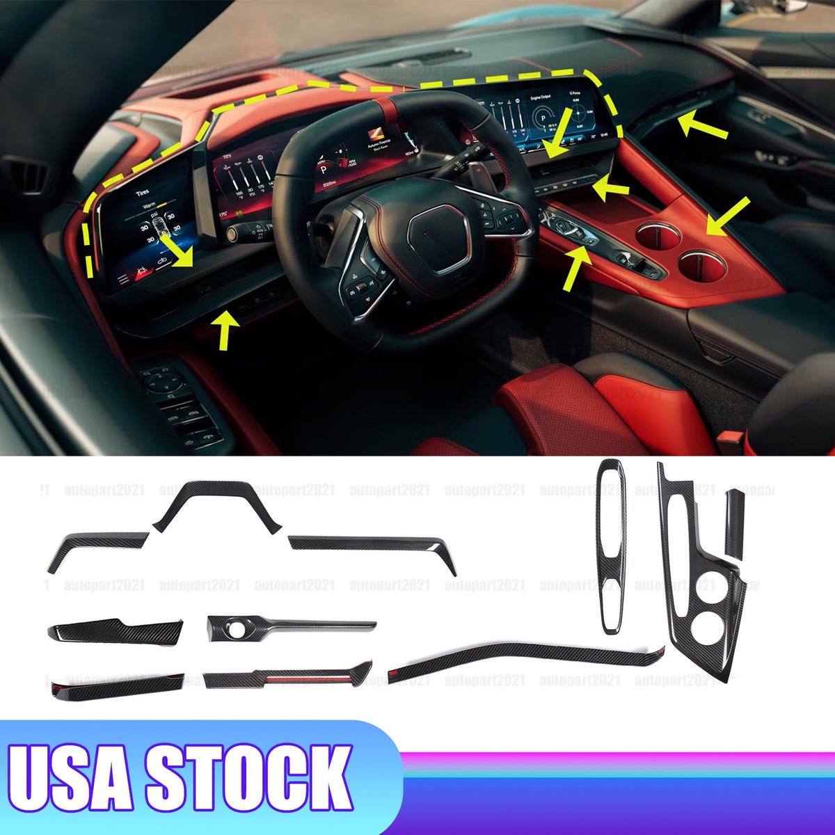 11pcs Real Dry Carbon Fiber Full Interior Center Trim Set For Corvette C8 2026+ 1