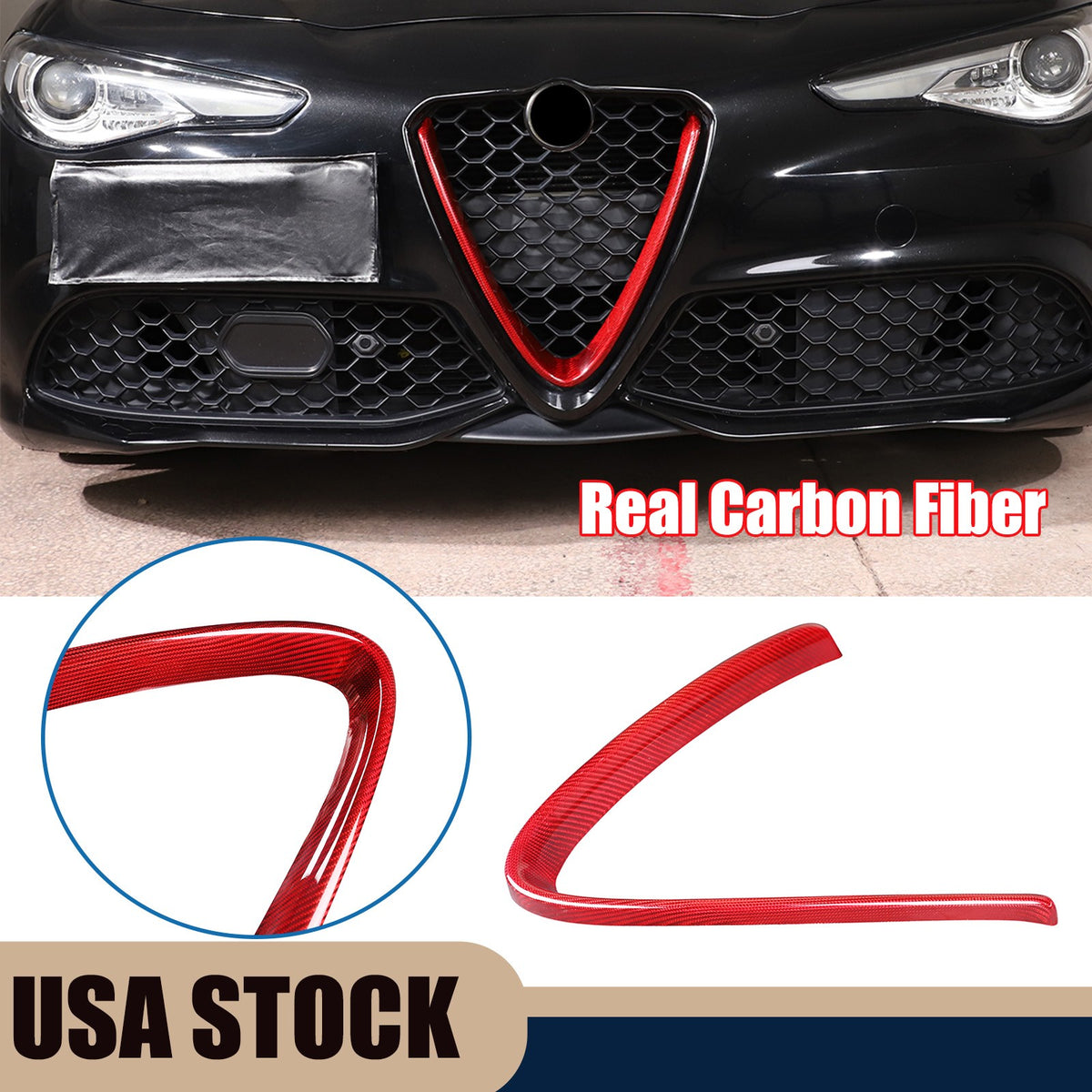 Red Real Carbon Fiber Grille V-Shape Trim Frame For Alfa Romeo Giulia 2017+ US 1