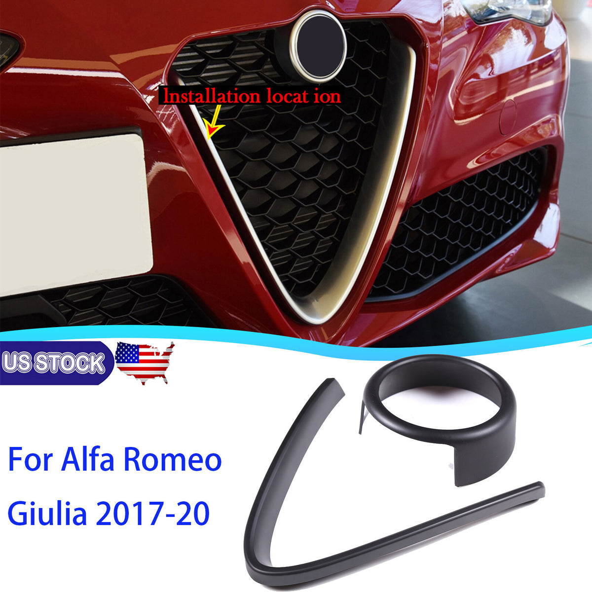 Matte Black Front Grille V Shape Cover+Logo Ring Trim for Alfa Romeo Giulia 17+ 1
