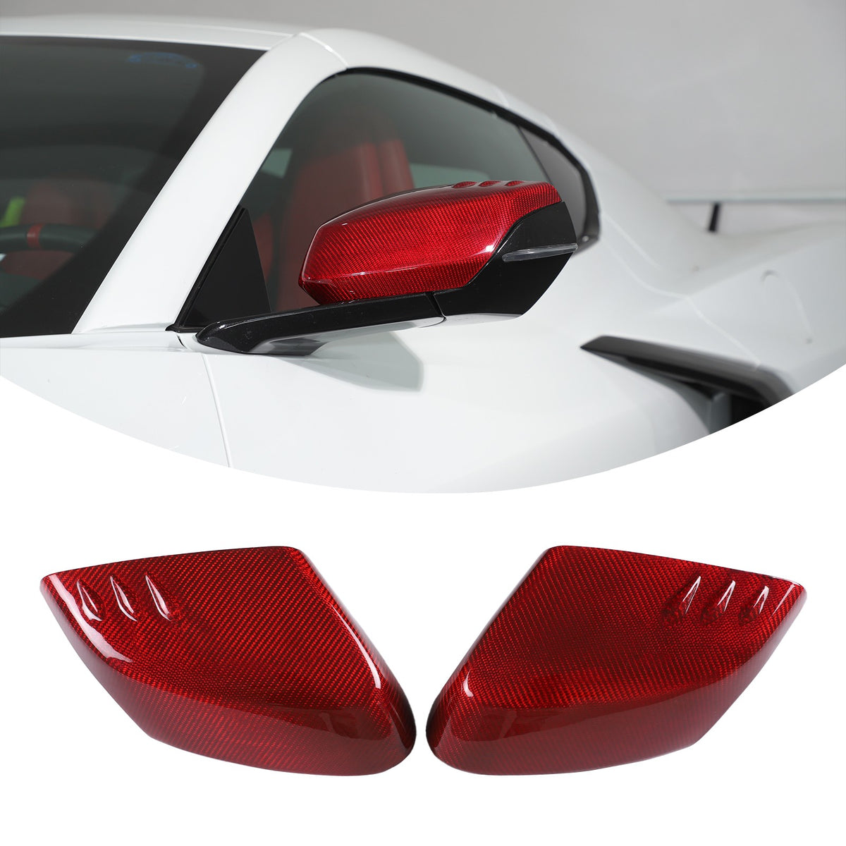 Red Real Carbon Fiber Side Mirror Cover Trim W/Air Vent For Corvette C8 2020+ 2