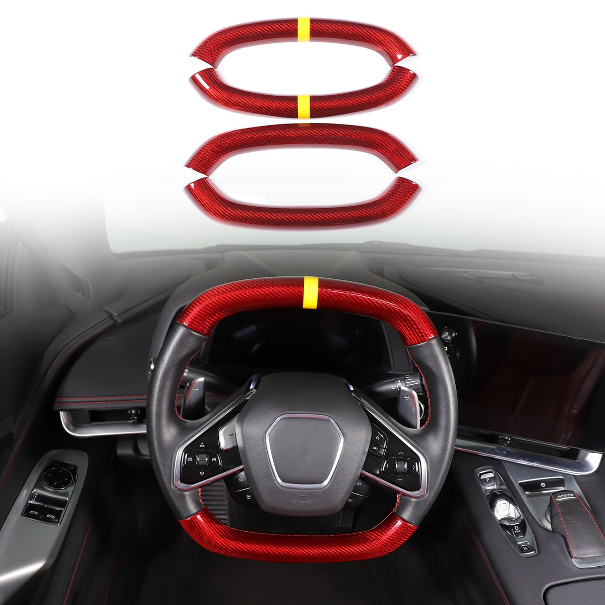 Red Real Carbon Fiber Yellow Top Steering Wheel Cover Trim For Corvette C8 2020+ 17
