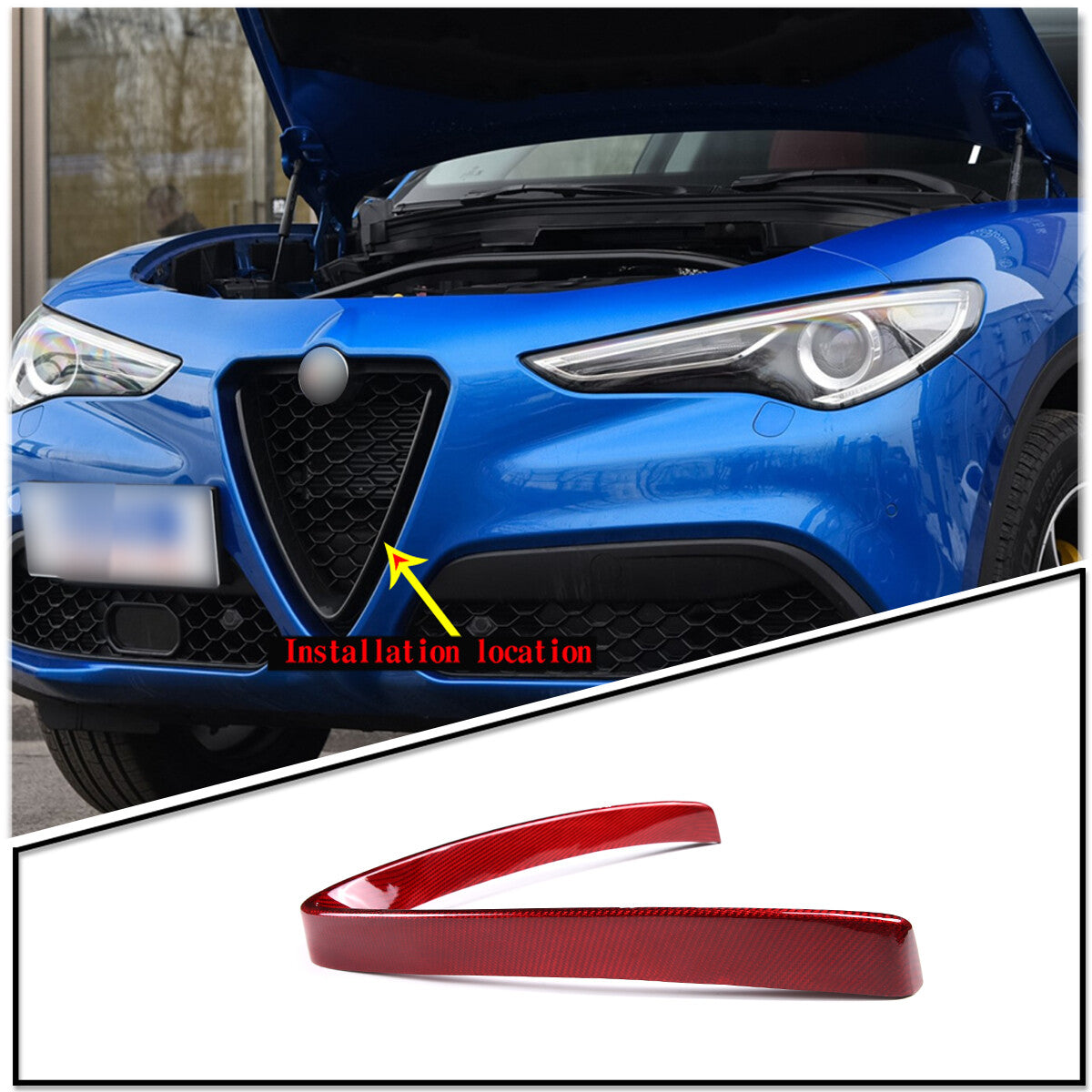 Red Carbon Base Front V Shape Grille Cover Trim For Alfa Romeo Stelvio 17-20 US 3