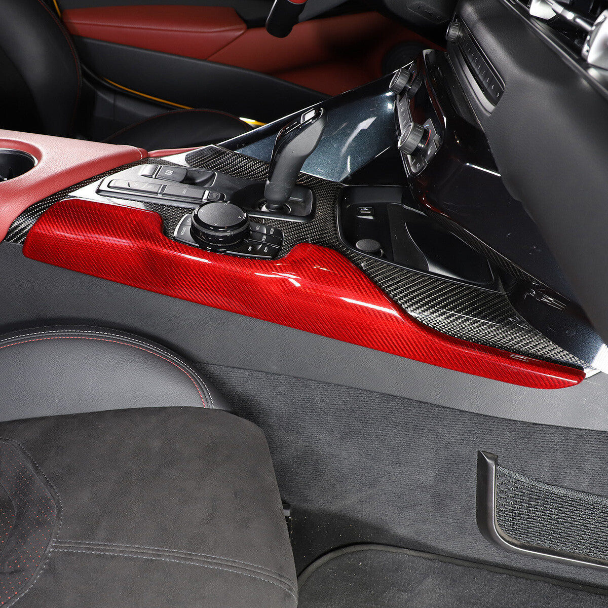 Red Carbon Fiber Console Gear Shift Side Trim Cover For Toyot-a Supra 2019-24 5