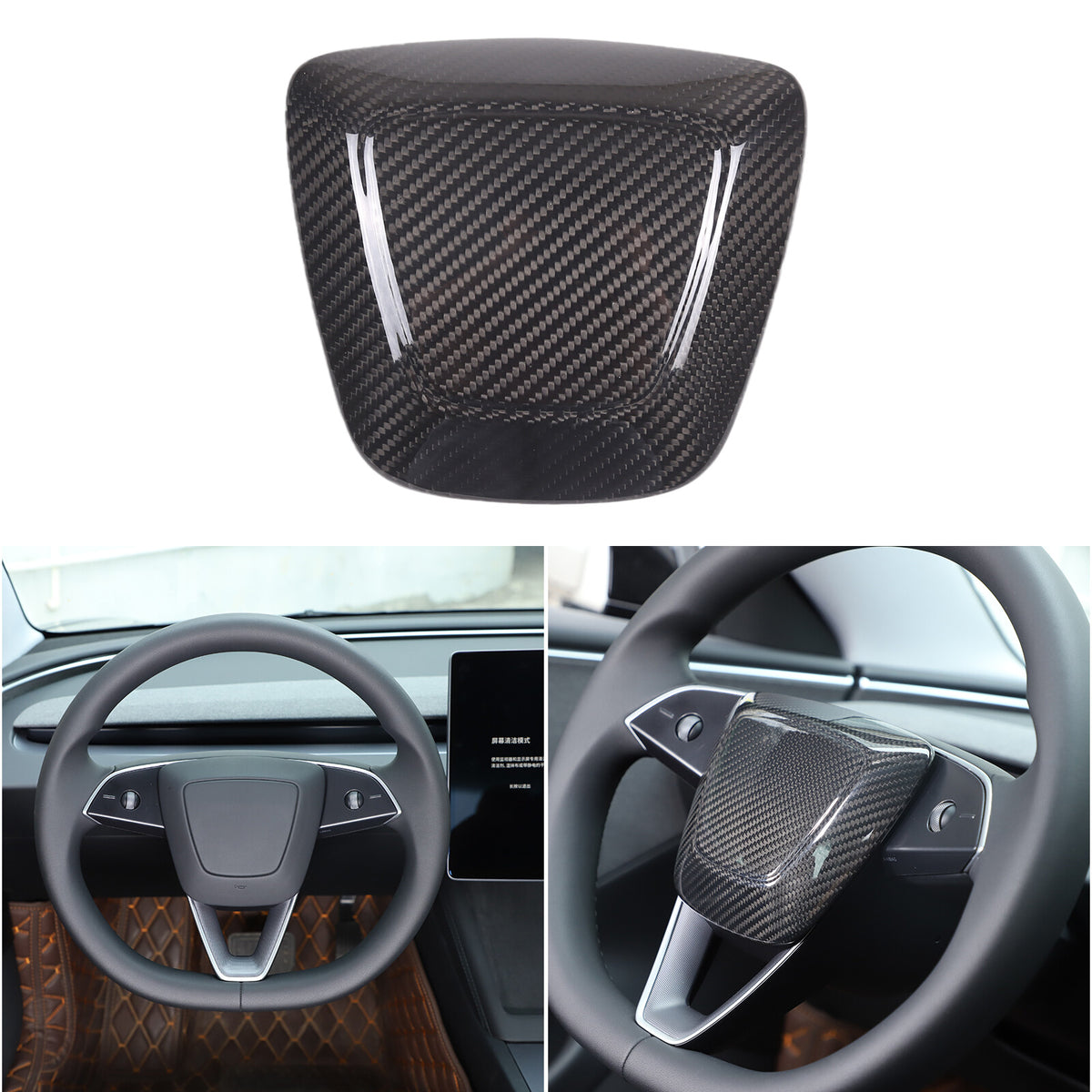 Real Carbon Fiber Steering Wheel Logo Trim Cover For Tesla Model 3 2023-2024 1