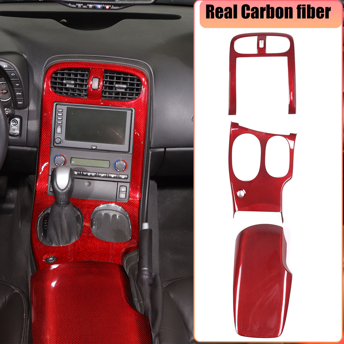 Red Real Carbon Fiber Center Console Panel Cover Trim Set For 05-13 Corvette C6 1