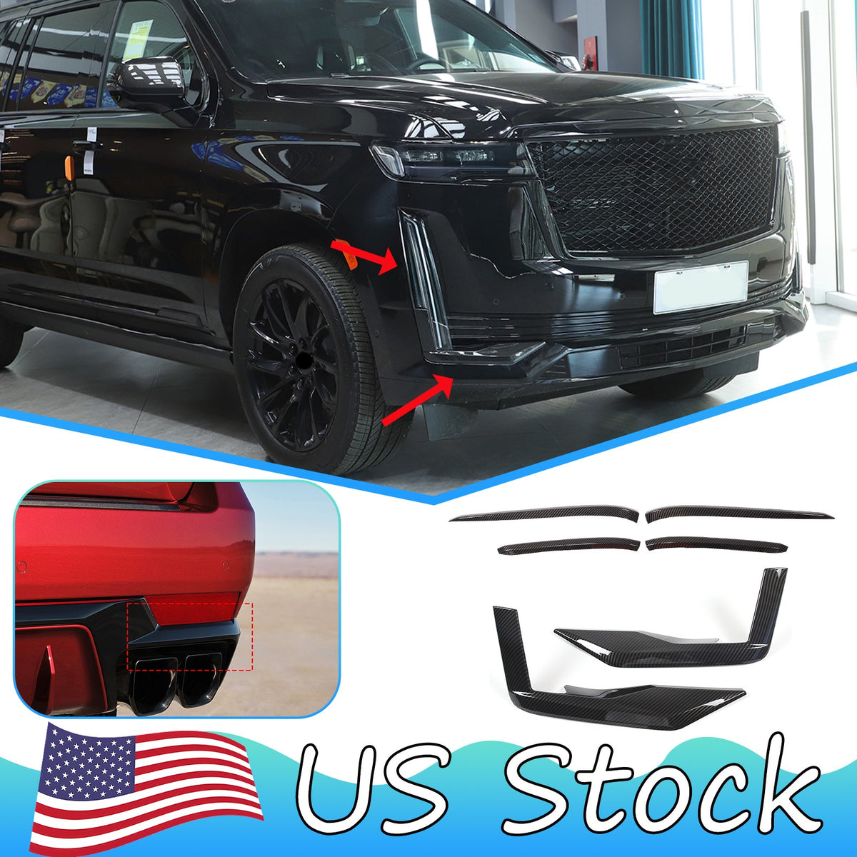ABS Carbon Fiber Front & Rear Bumper Corner Trim Set For Cadillac Escalade 21-23 1