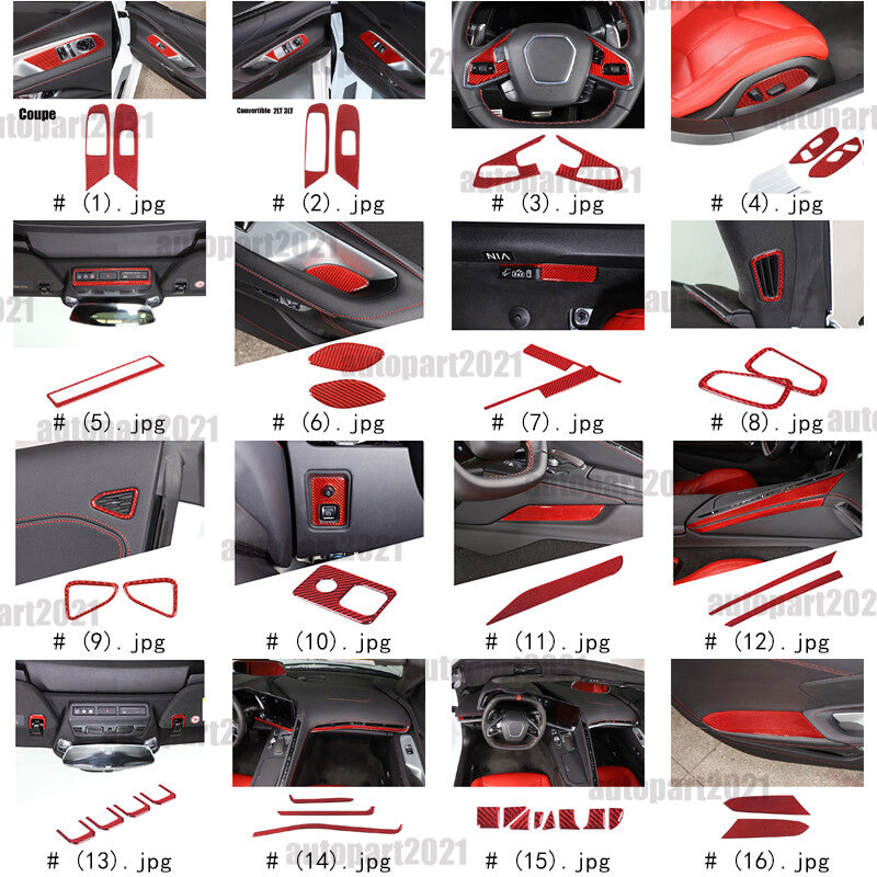 Red Soft Carbon Fiber Interior Decor Trim Kit Cover Set For Corvette C8 20-25 2