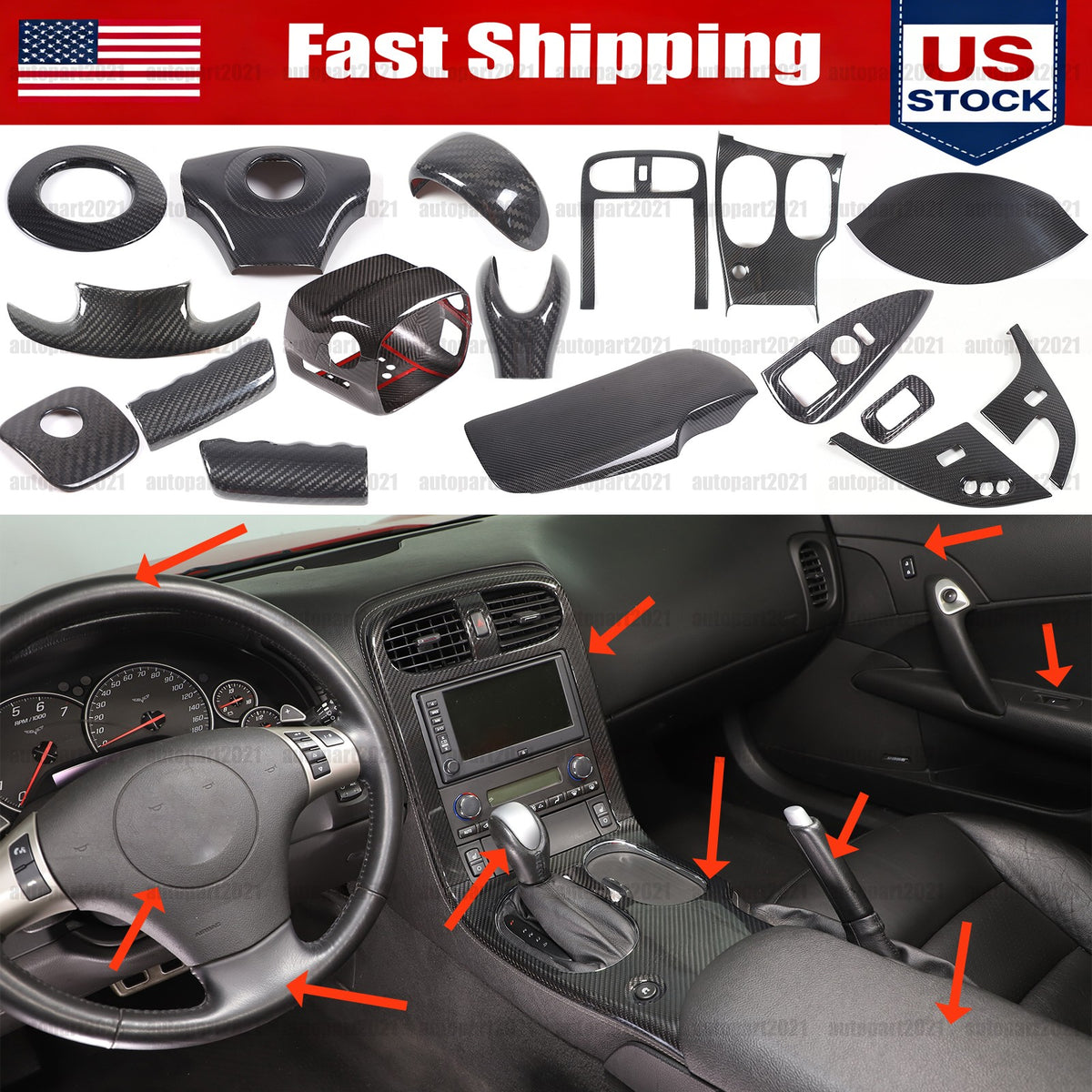 Real Carbon Fiber Interior Center Console trim For Corvette C6 2005-2013 1