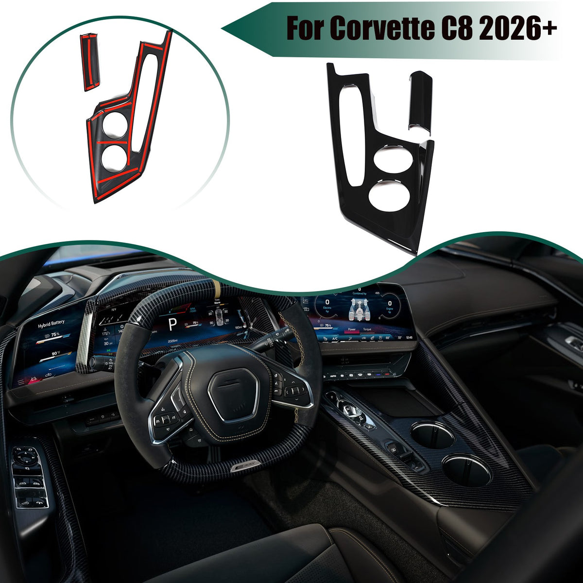 8PCS Glossy Piano Black Full Center Console Panel Trim Set For Corvette C8 2026+ 4