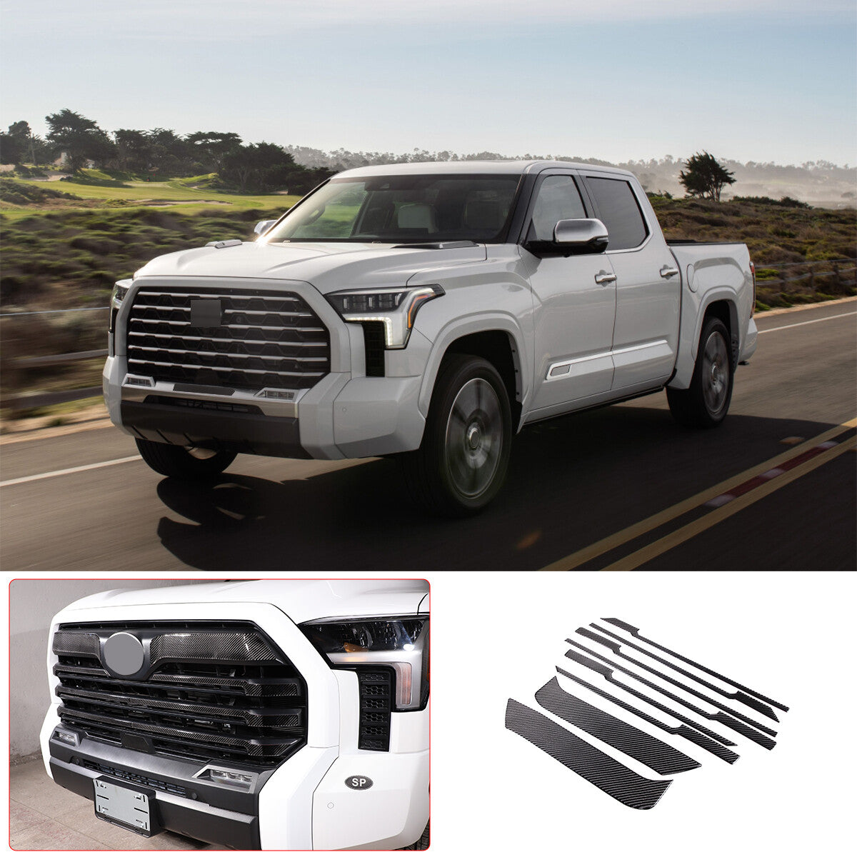 Carbon Fiber Front Grill Grille Inserts Cover Trim For Toyota Tundra 2022-23 2