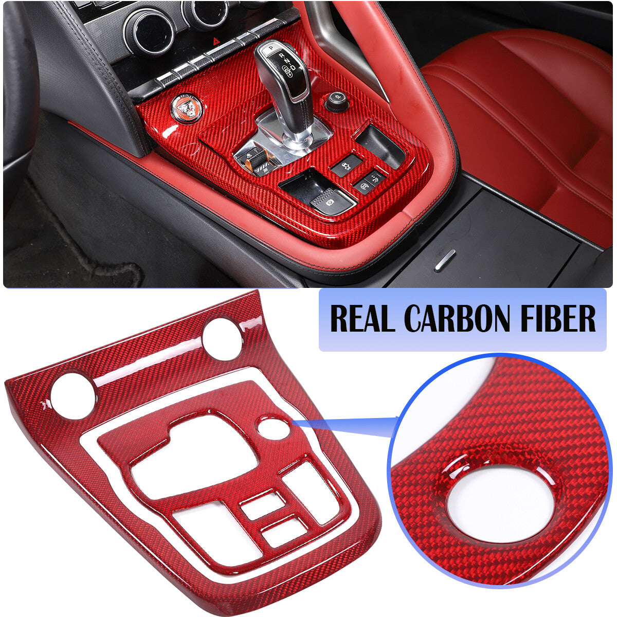 Red Real Carbon Fiber Center Console Gear Cover Set For 2013-22 Jaguar F-TYPE 1