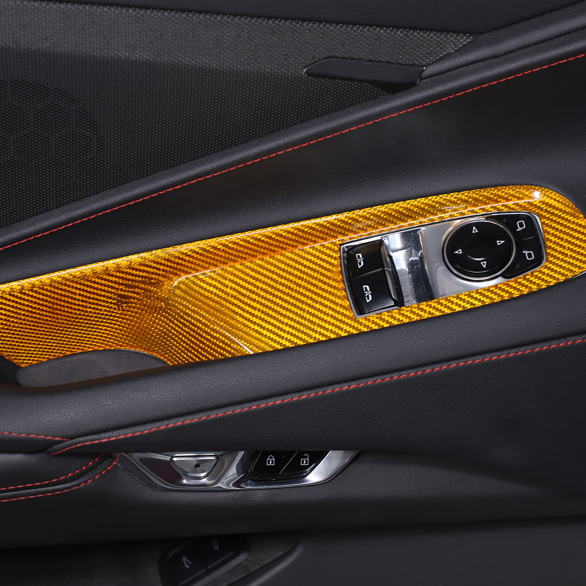 Yellow Carbon Fiber Window Lift Switch Button Trim For Corvette C8 Coupe 2020-26 1