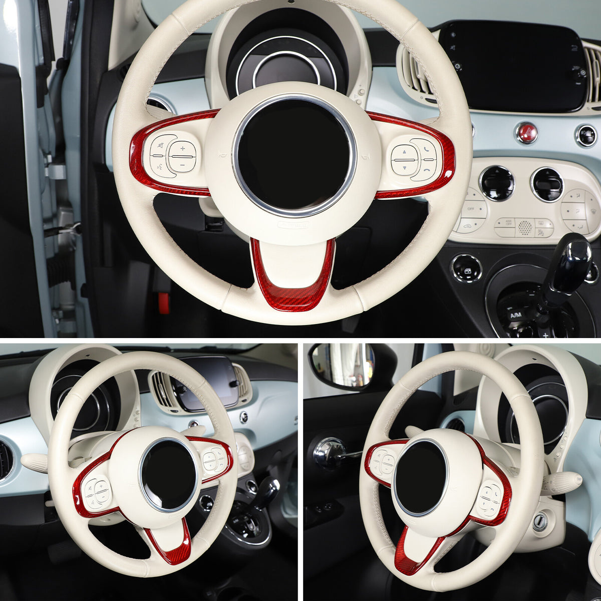 Red Real Carbon Fiber Steering Wheel Button Trim For Fiat 500 Abarth 595 695 16+ 4
