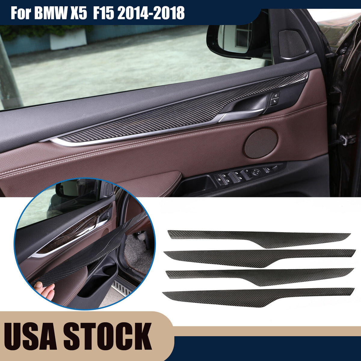 Real Carbon Fiber Interior Door Panel Decor Trim For BMW X5 F15 2014-2018 US 1