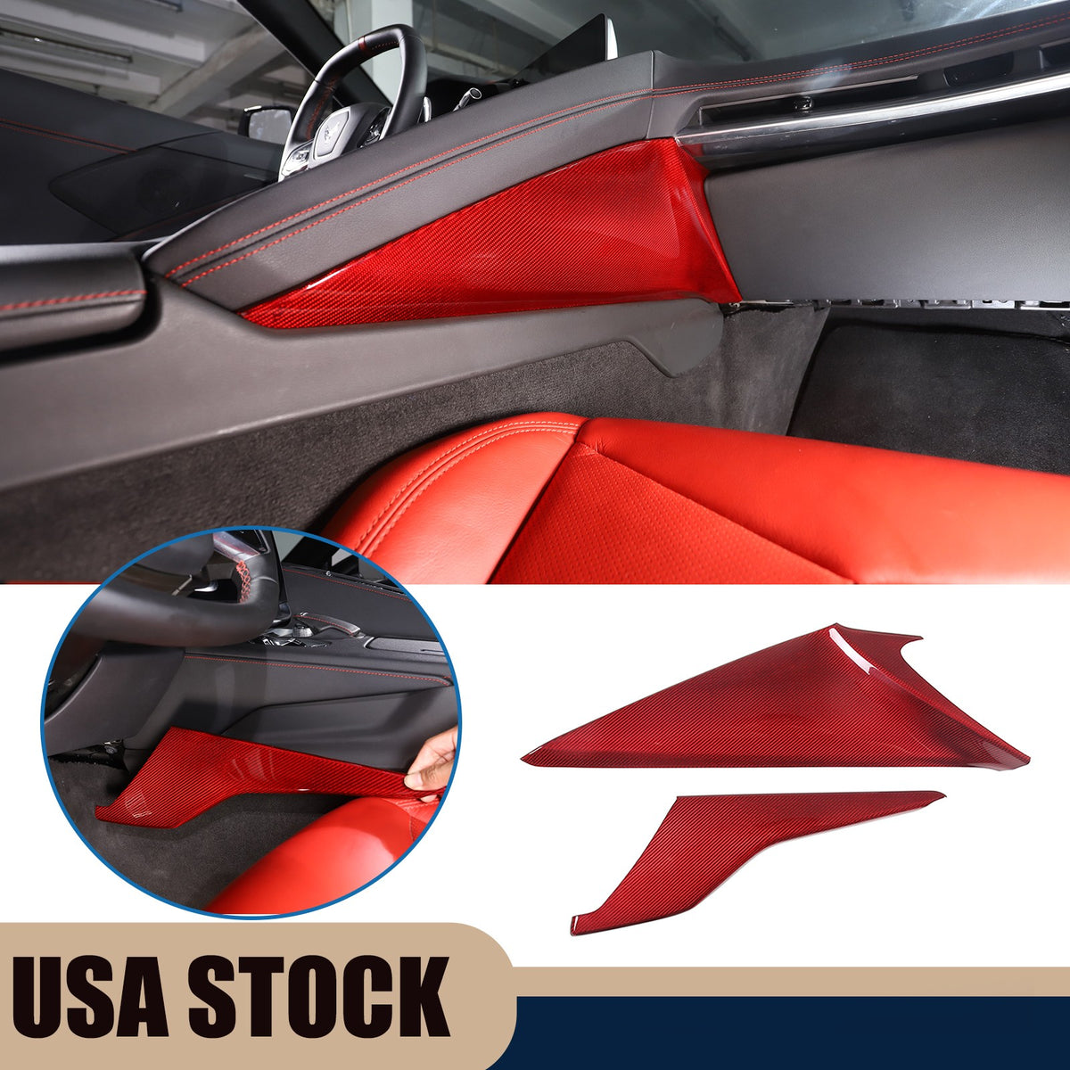 Red Real Carbon Fiber Center Console Side Knee Pad Trim For Corvette C8 2020-25 1