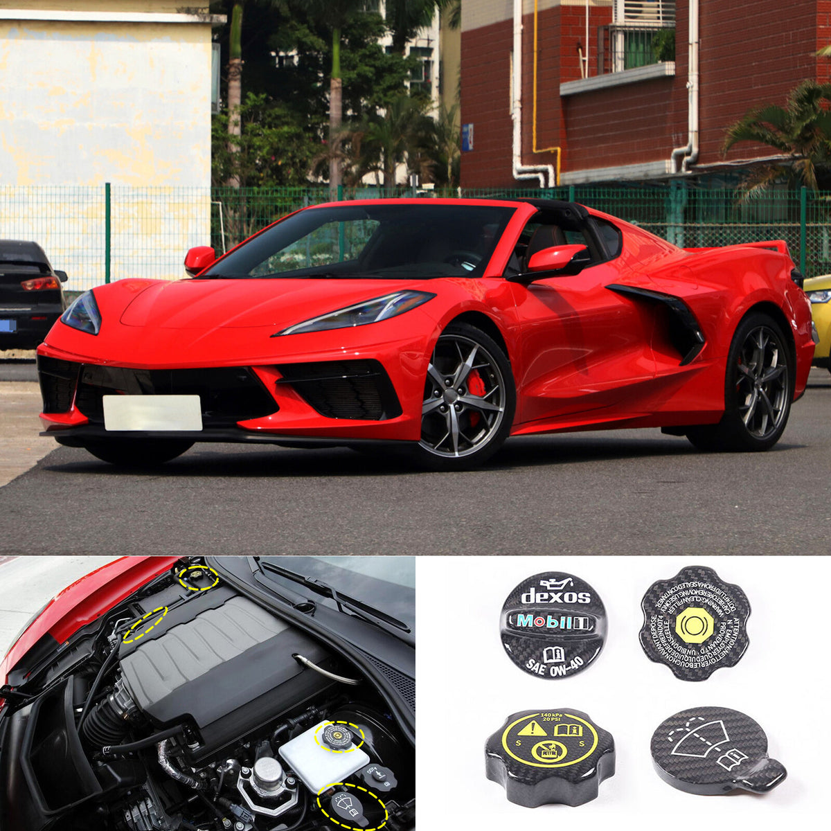 Real Carbon fiber Engine Oil Cap Radiator water tank Cap Trim For Corvette C8 14