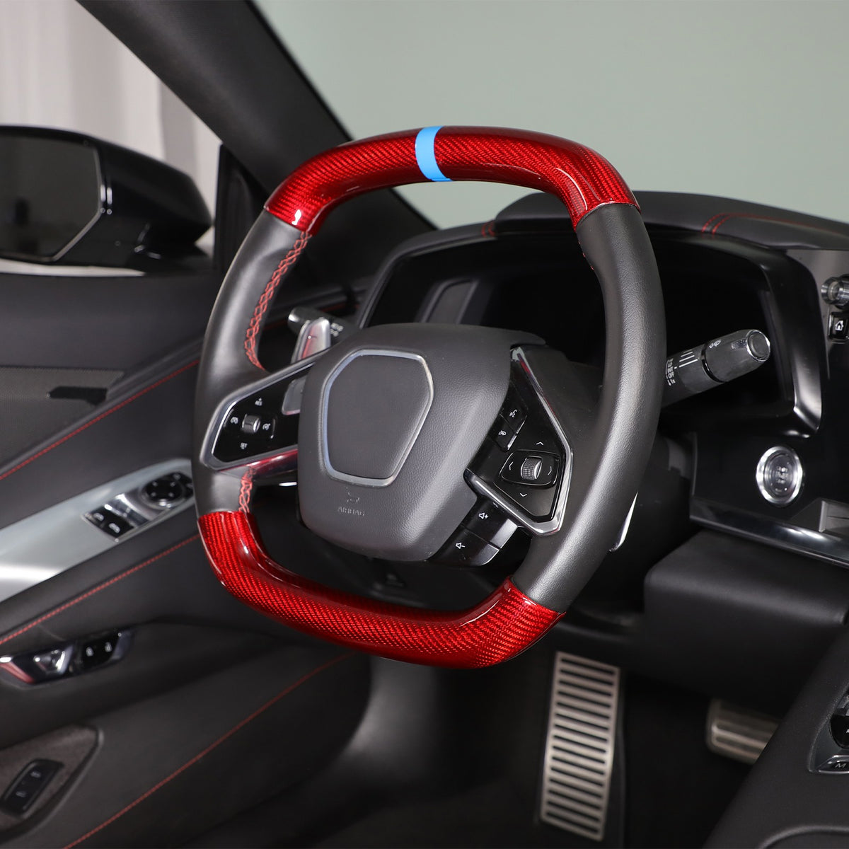 Red Real Carbon Fiber Blue Top Steering Wheel Cover Trim For Corvette C8 2020+ 12