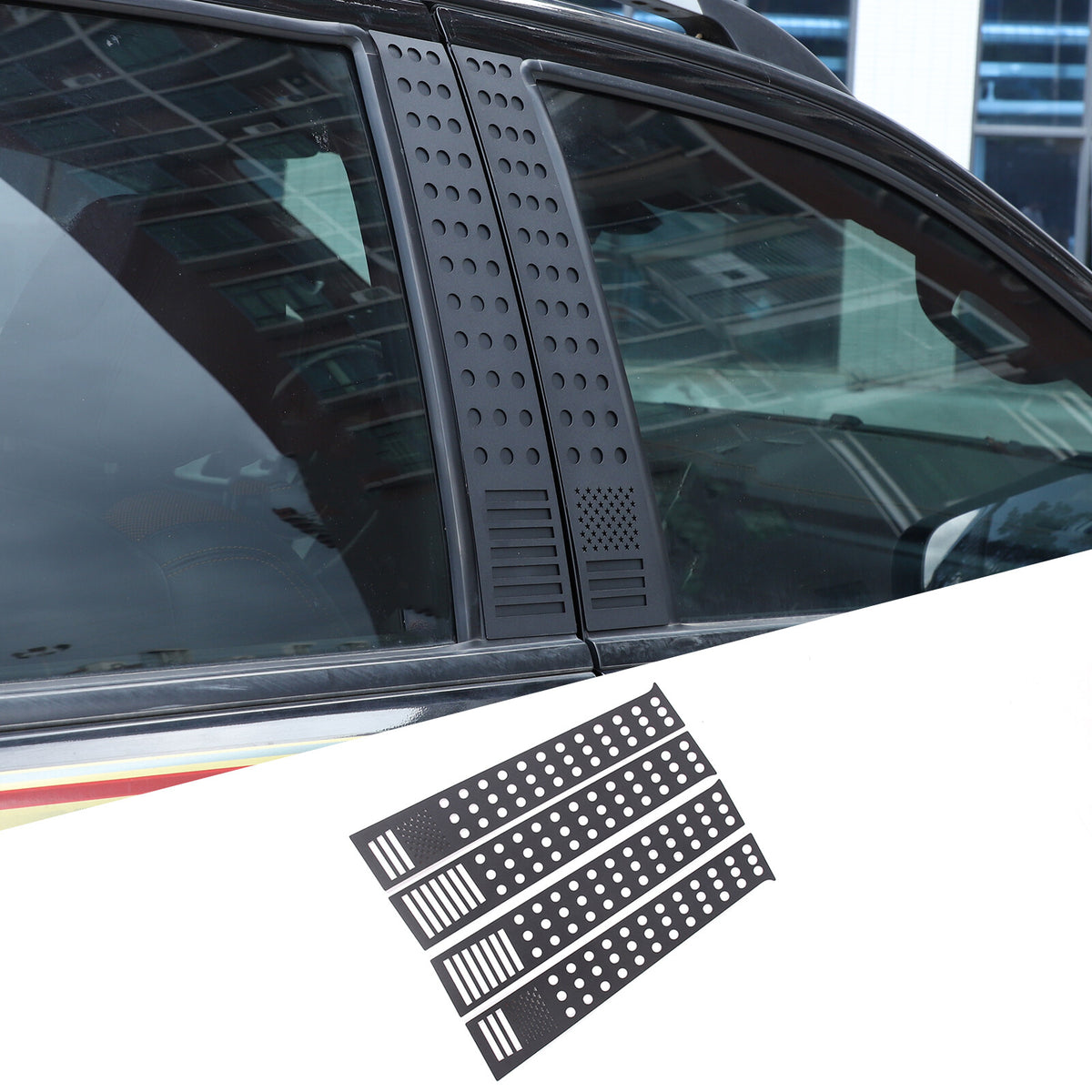 4PCS Black Window Center Pillar Panel Trim Cover (US Flag) For Ford Ranger 15-21 3