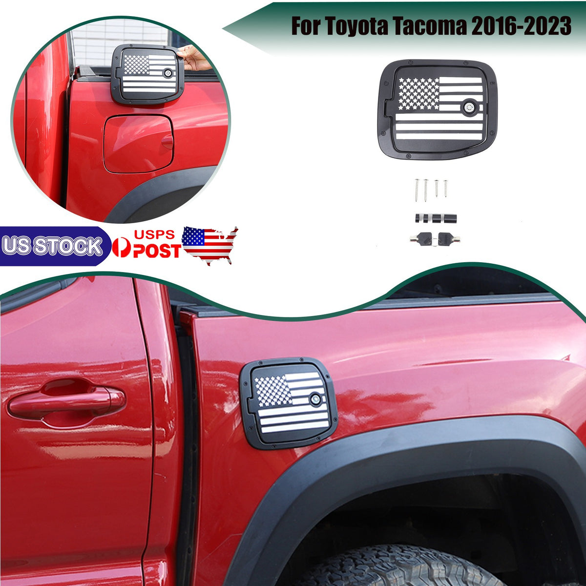 US Flag Lock Key Aluminum Gas Fuel Tank Door Cover For Toyota Tacoma 2016-23 US 1