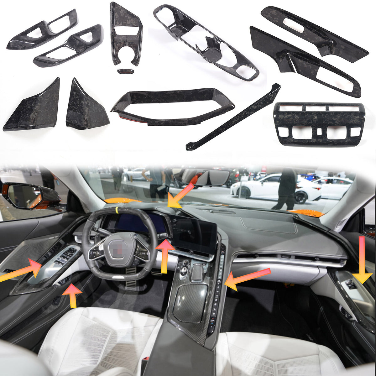 11PCS Forged Real Carbon fiber Car interior Kit Cover Trim Set For Corvette C8 1