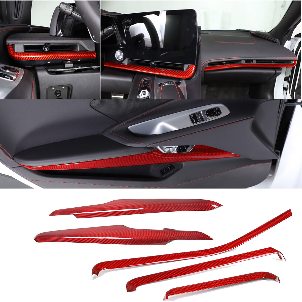 Red Real Carbon Fiber Dash Panel Door Handle Trim Kit Accessory For Corvette C8 1