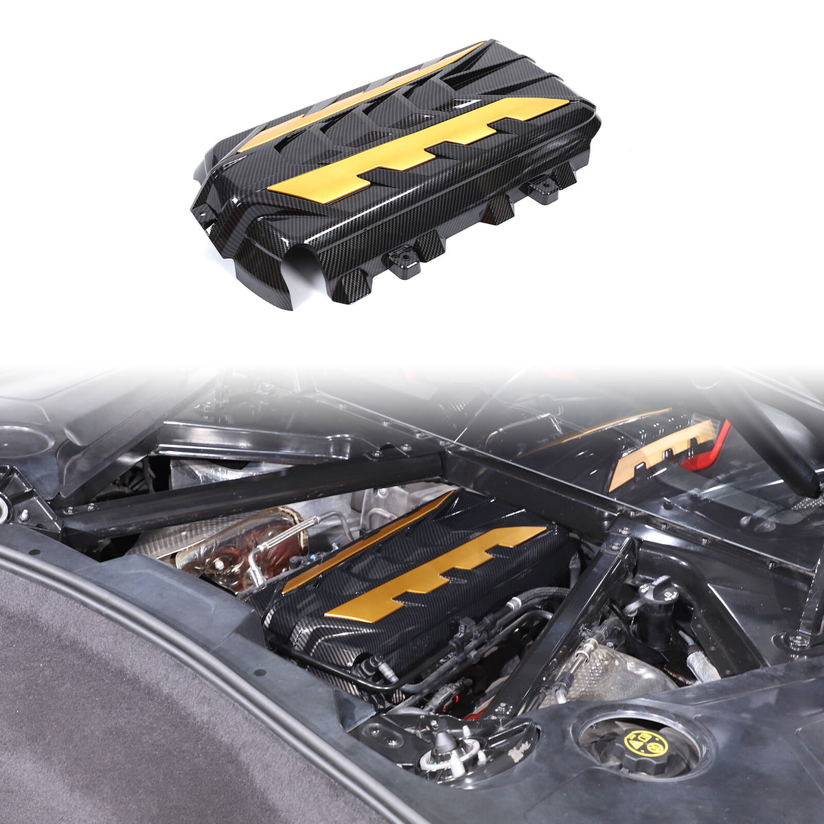 Black Engine Bay Panel Cover Trim in Edge Yellow For Corvette C8 2020-26 US 5