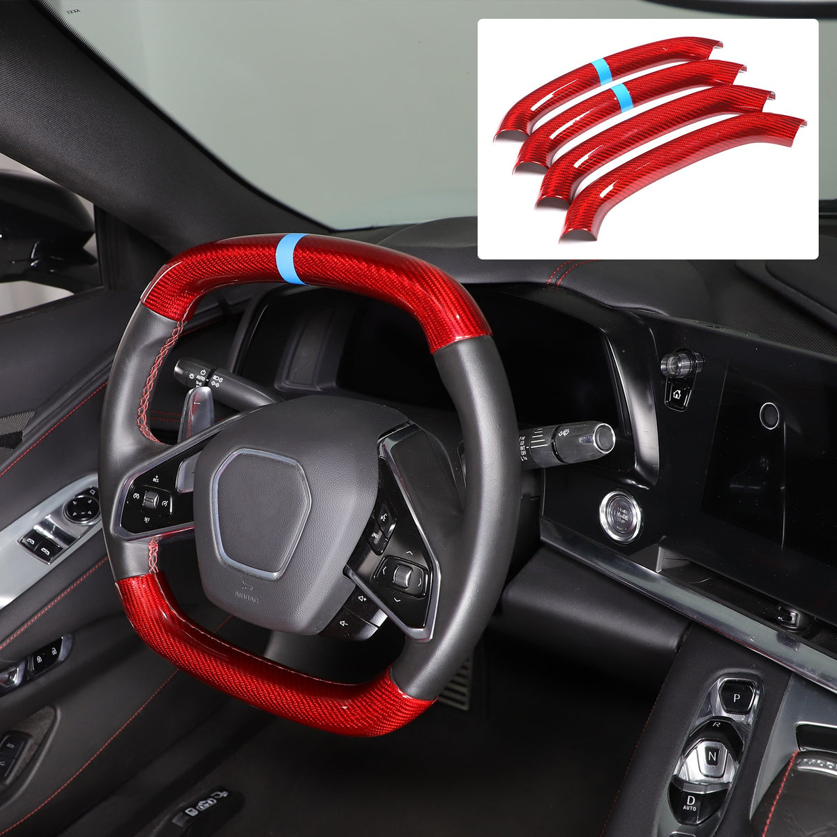Red Real Carbon Fiber Blue Top Steering Wheel Cover Trim For Corvette C8 2020+ 17